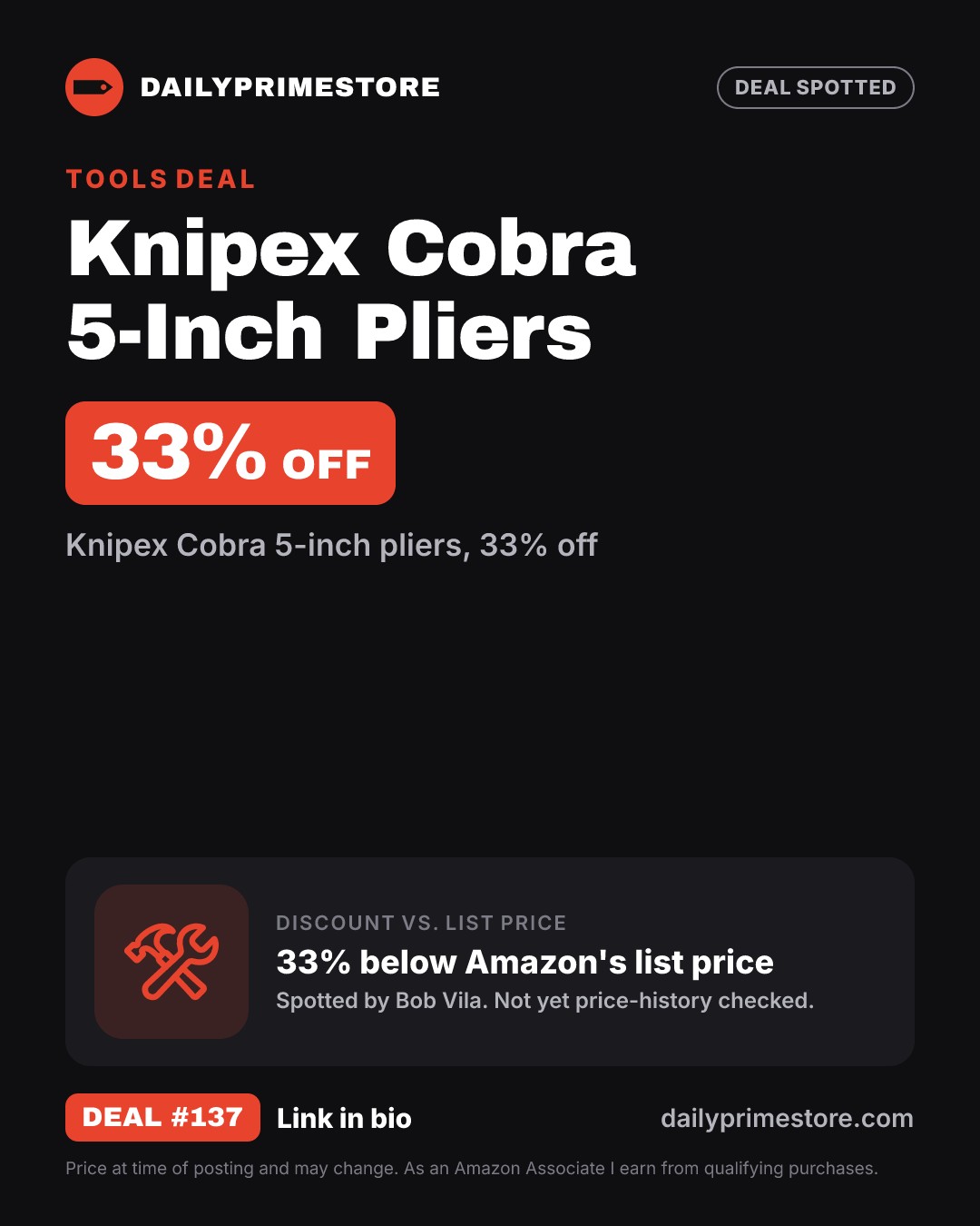 33% off: Knipex Cobra 5-Inch Pliers