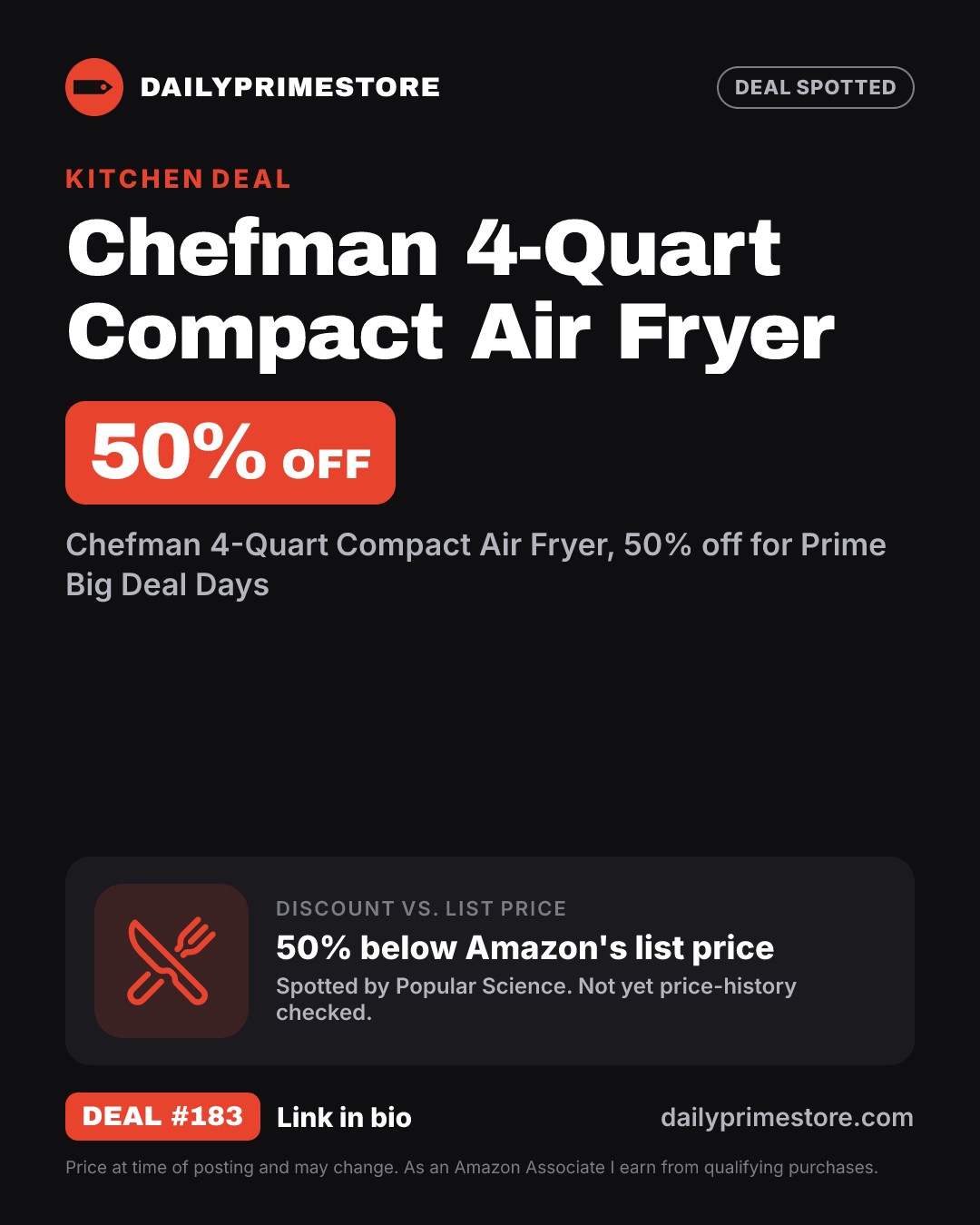 50% off: Chefman 4-Quart Compact Air Fryer