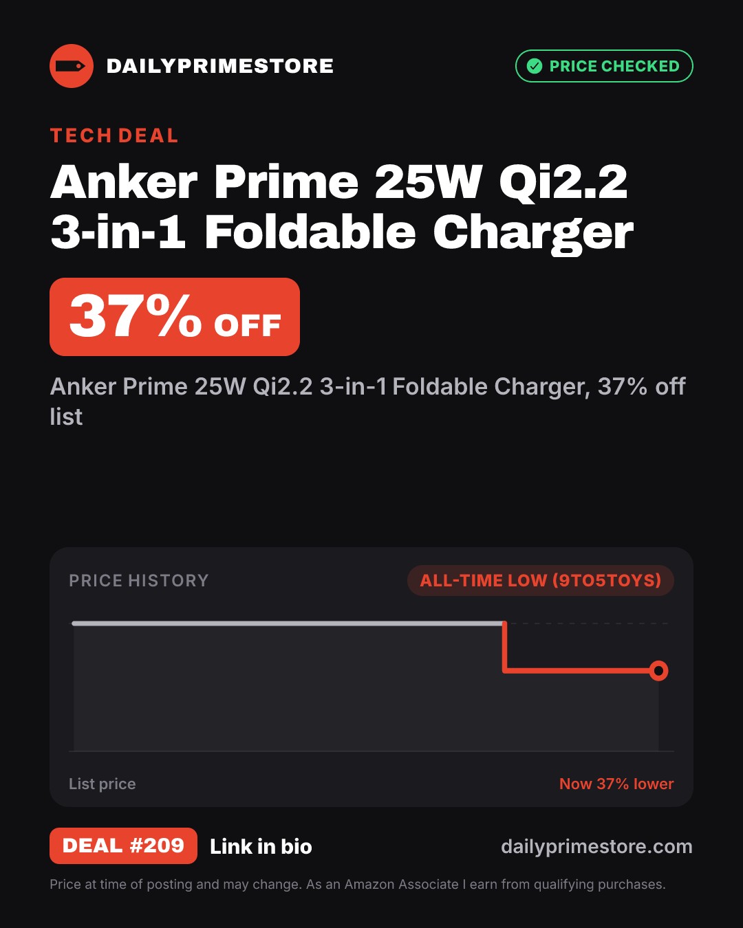 37% off: Anker Prime 25W Qi2.2 3-in-1 Foldable Charger