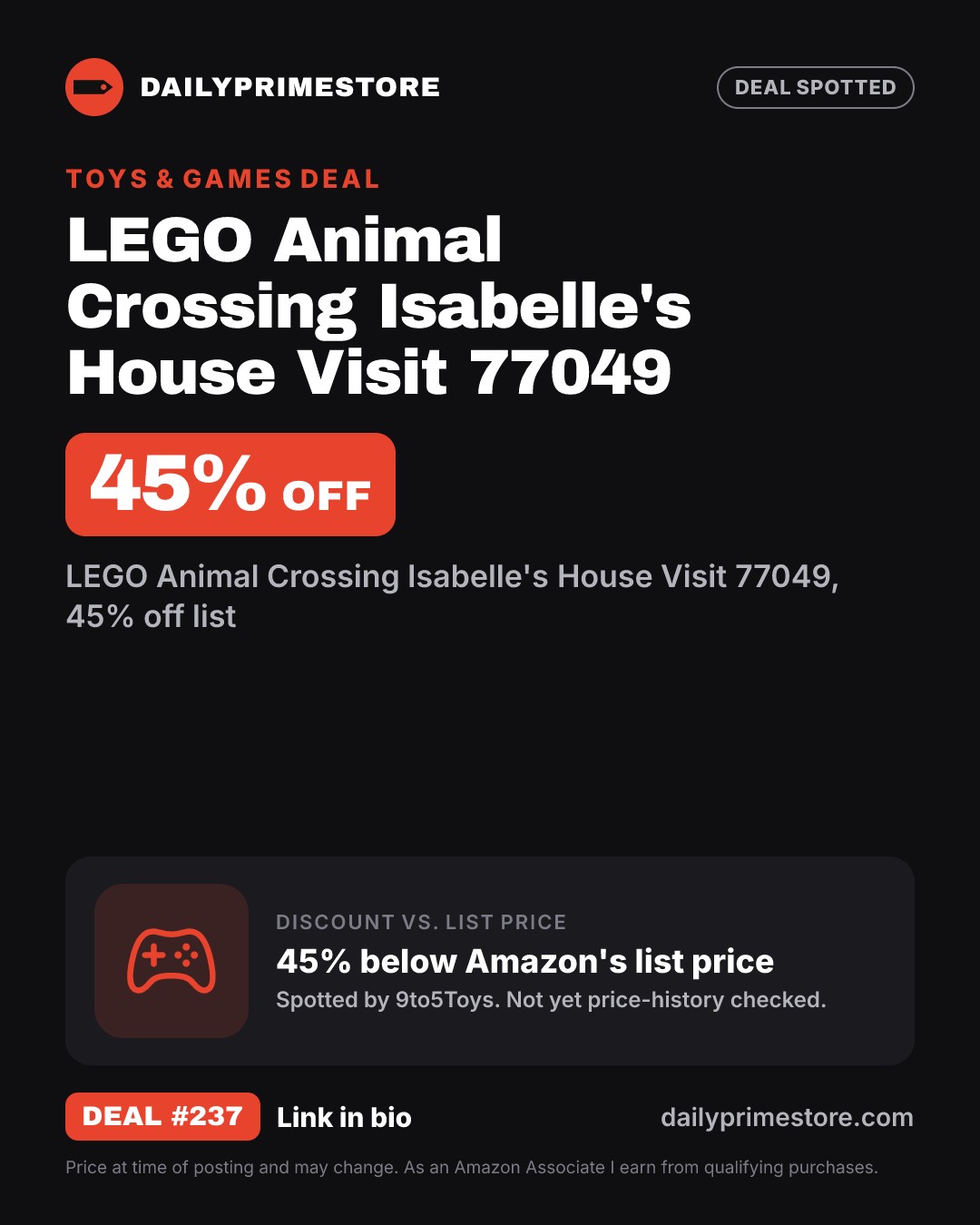 45% off: LEGO Animal Crossing Isabelle's House Visit 77049