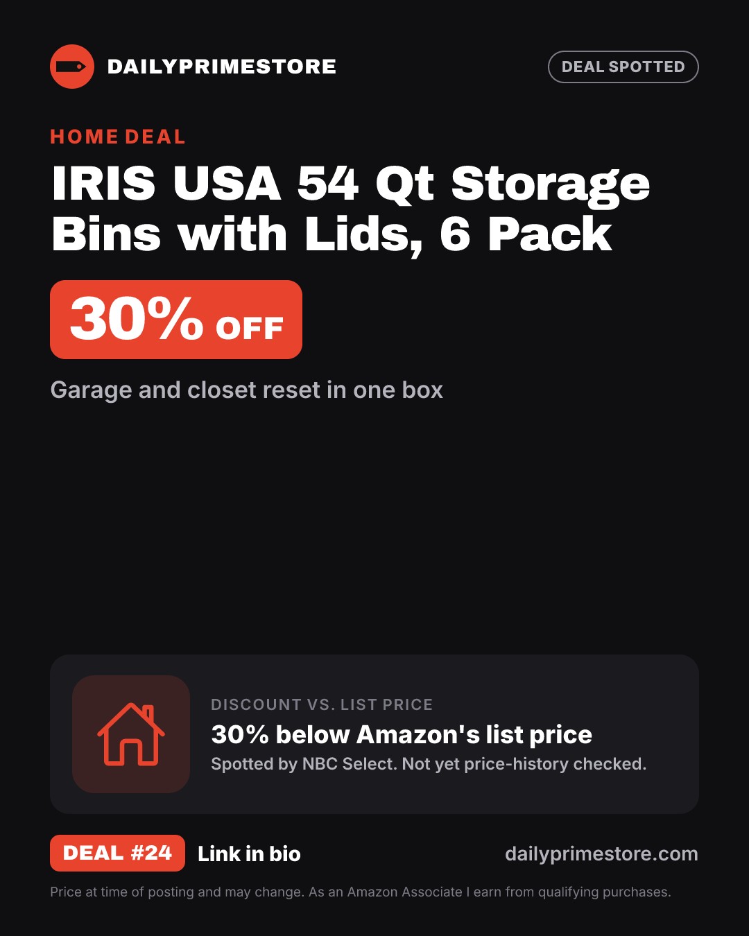 30% off: IRIS USA 54 Qt Storage Bins with Lids, 6 Pack