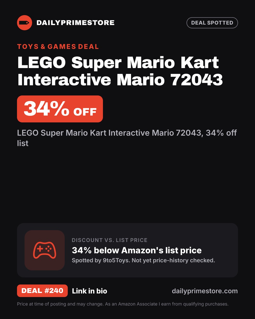 34% off: LEGO Super Mario Kart Interactive Mario 72043
