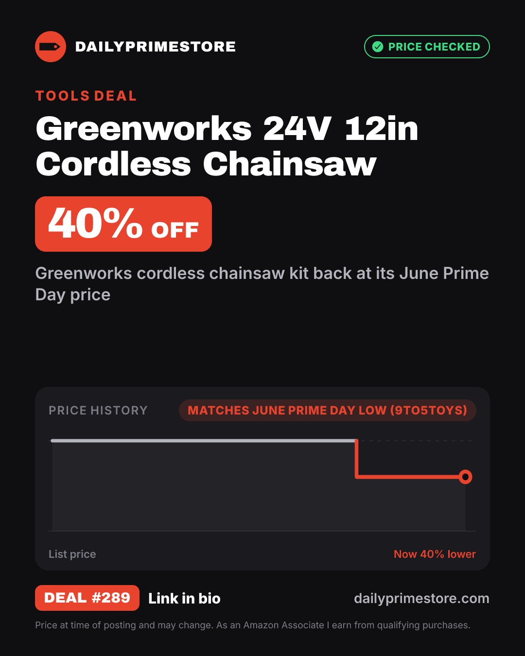40% off: Greenworks 24V 12in Cordless Chainsaw