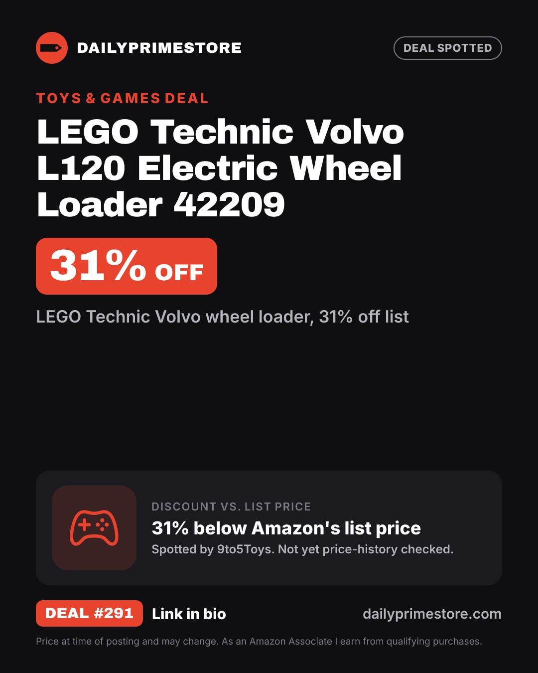 31% off: LEGO Technic Volvo L120 Electric Wheel Loader 42209