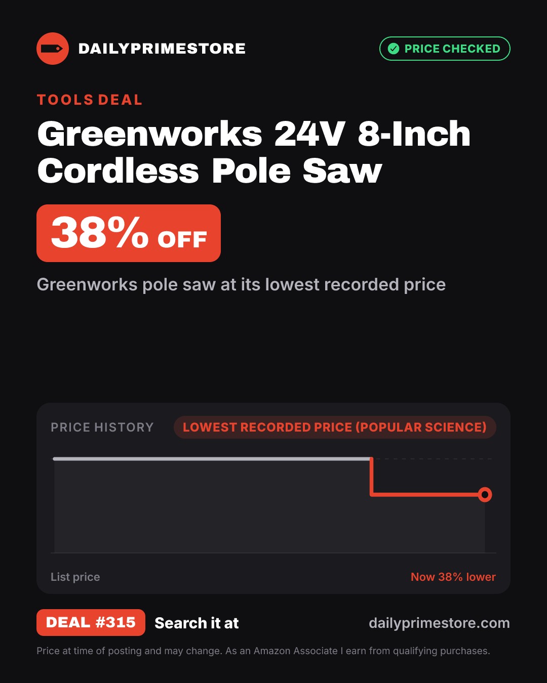 38% off: Greenworks 24V 8-Inch Cordless Pole Saw