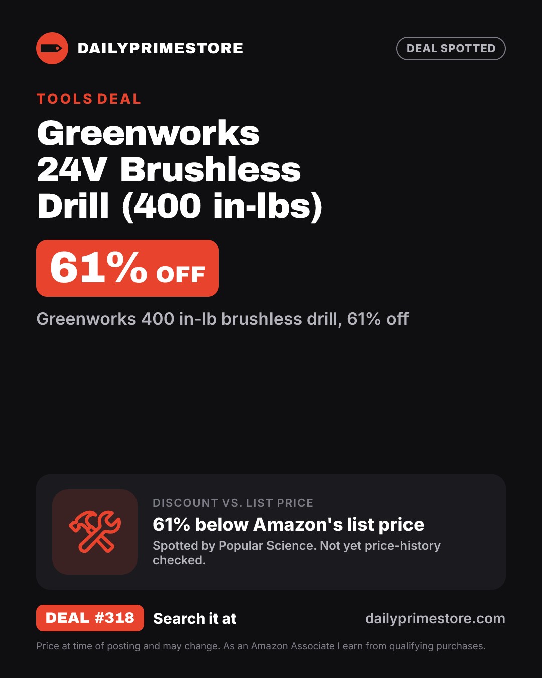 61% off: Greenworks 24V Brushless Drill (400 in-lbs)