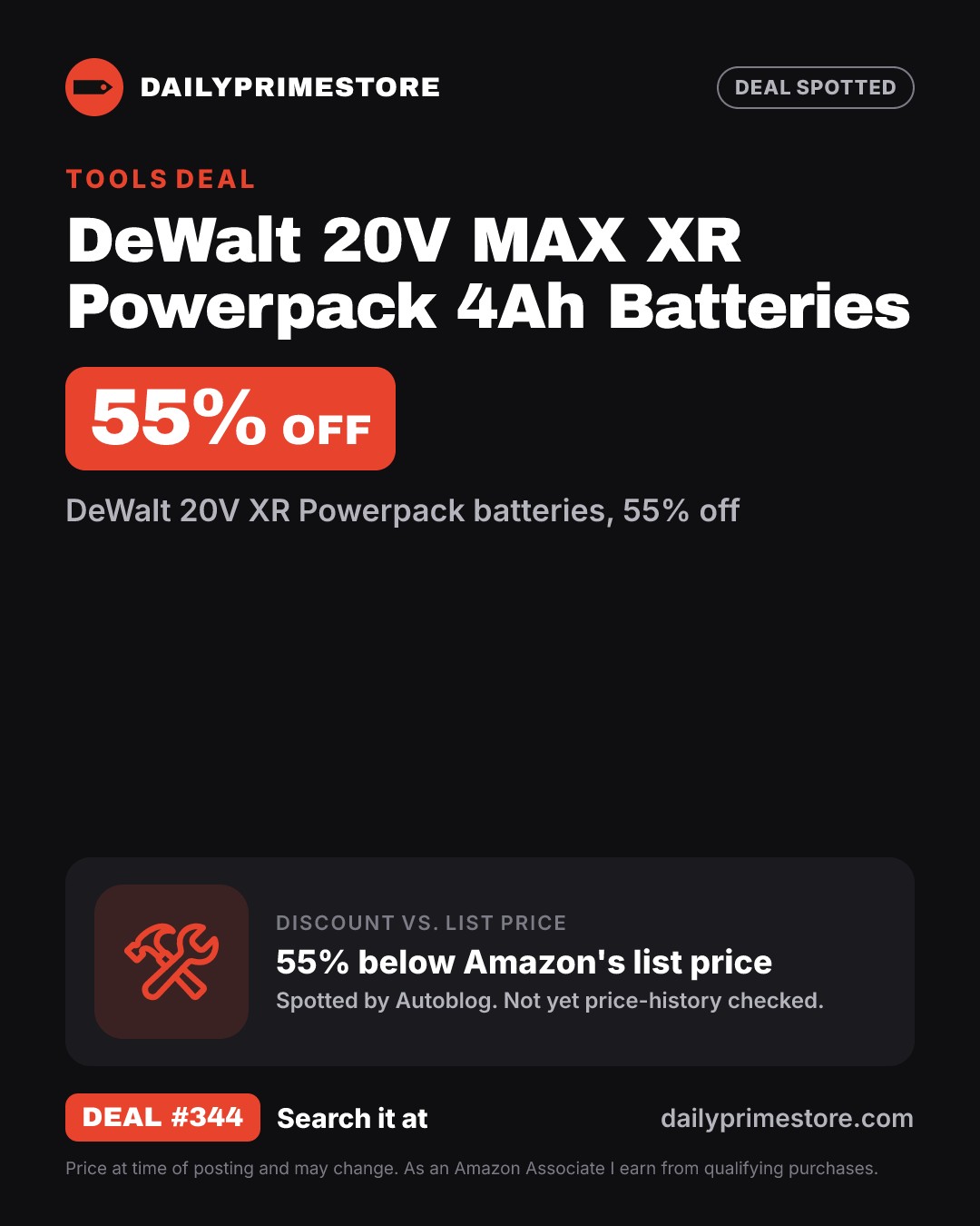 55% off: DeWalt 20V MAX XR Powerpack 4Ah Batteries