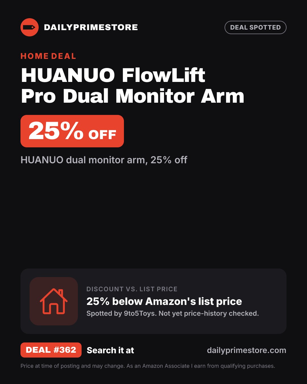 25% off: HUANUO FlowLift Pro Dual Monitor Arm