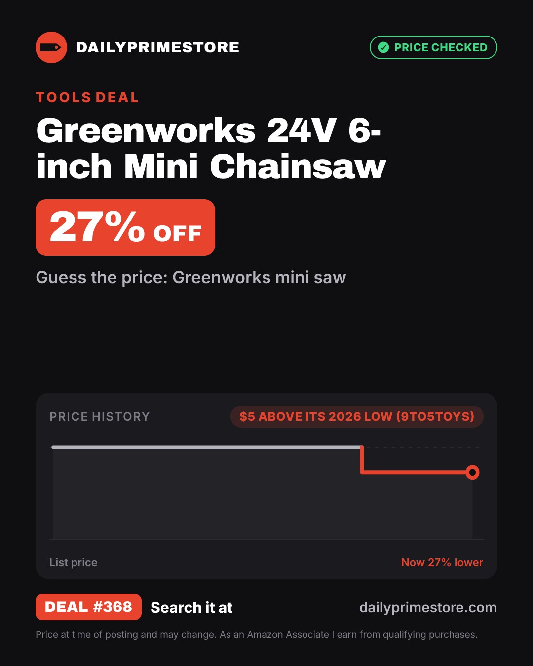 27% off: Greenworks 24V 6-inch Mini Chainsaw