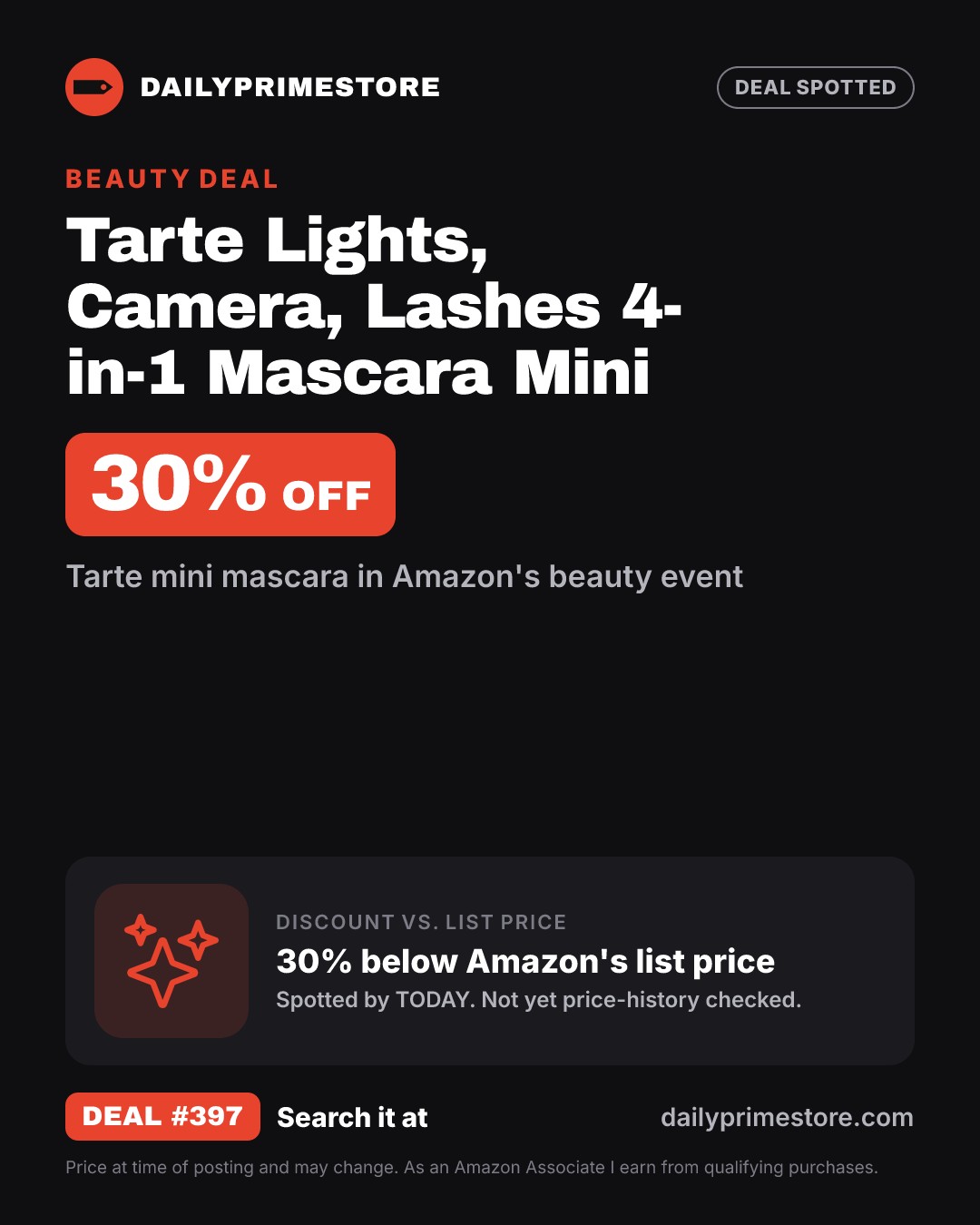 30% off: Tarte Lights, Camera, Lashes 4-in-1 Mascara Mini