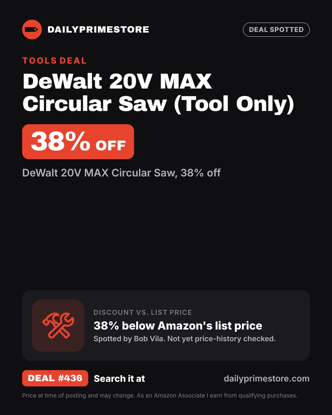 38% off: DeWalt 20V MAX Circular Saw (Tool Only)