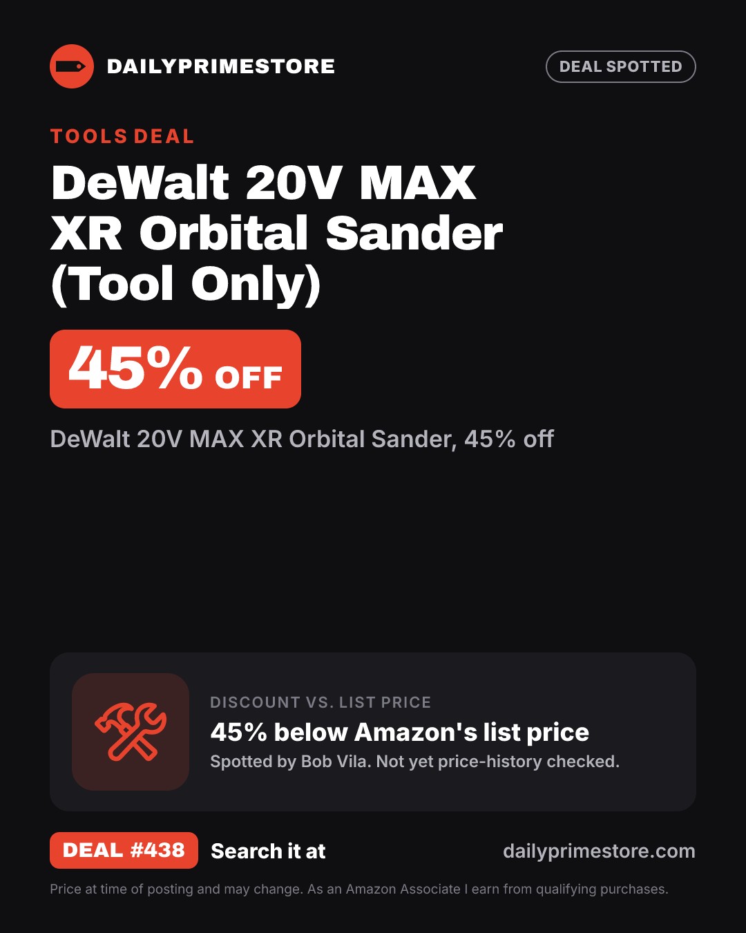 45% off: DeWalt 20V MAX XR Orbital Sander (Tool Only)