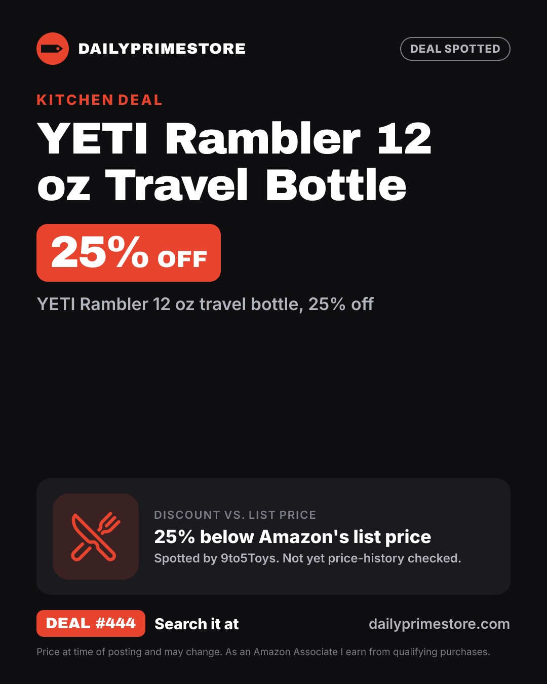 25% off: YETI Rambler 12 oz Travel Bottle