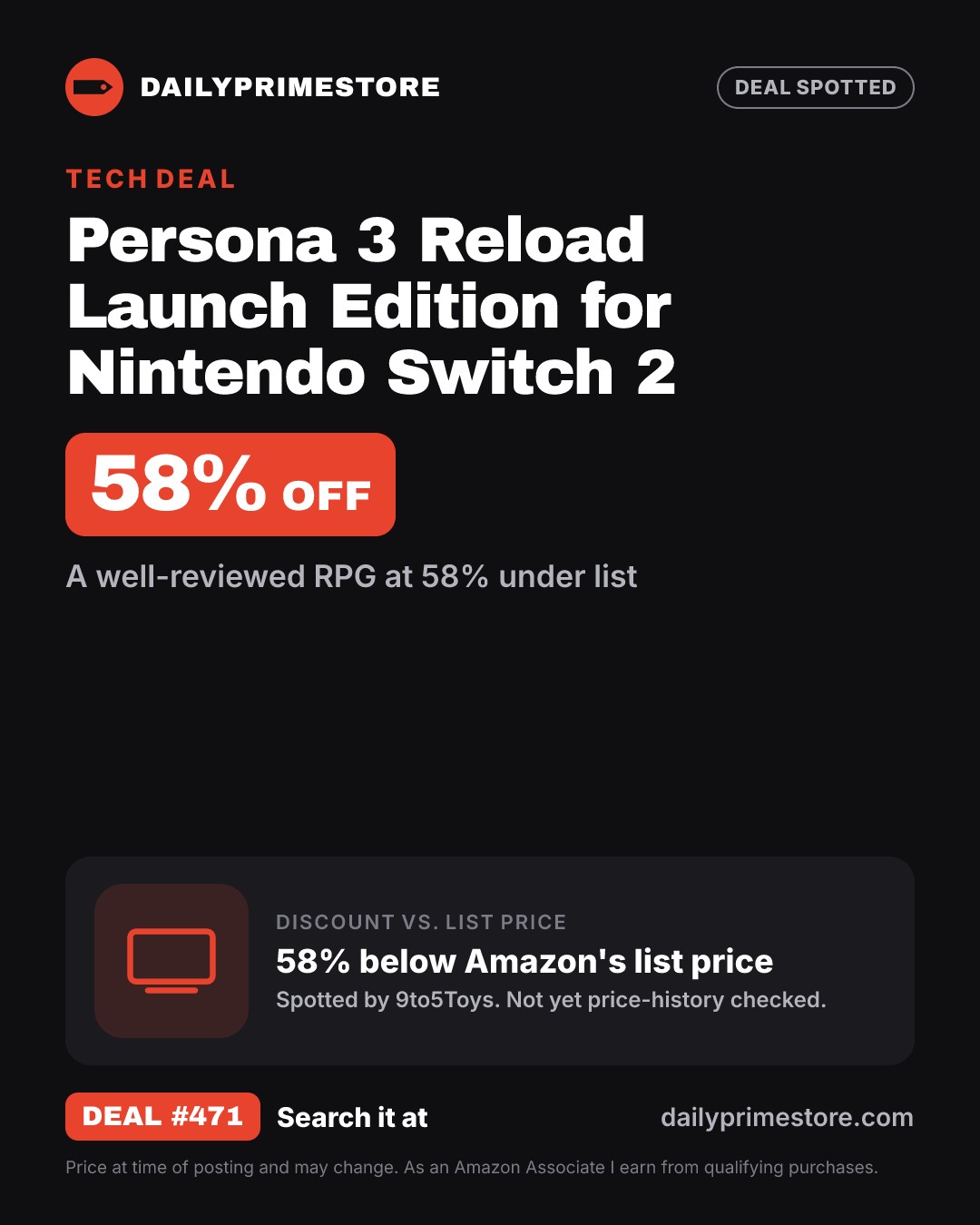 58% off: Persona 3 Reload Launch Edition for Nintendo Switch 2