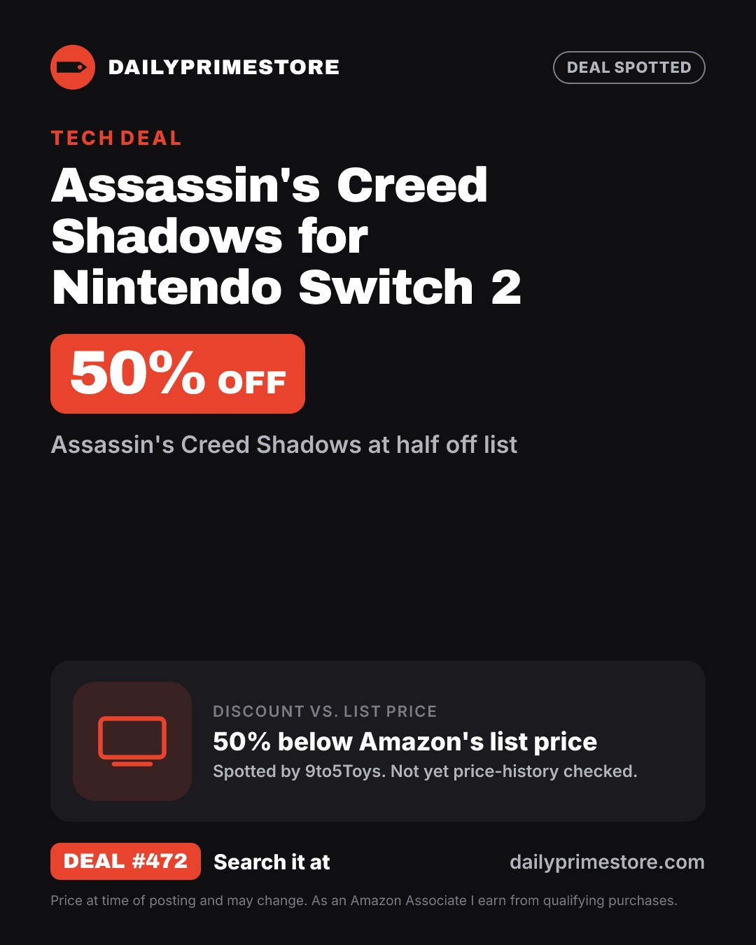 50% off: Assassin's Creed Shadows for Nintendo Switch 2