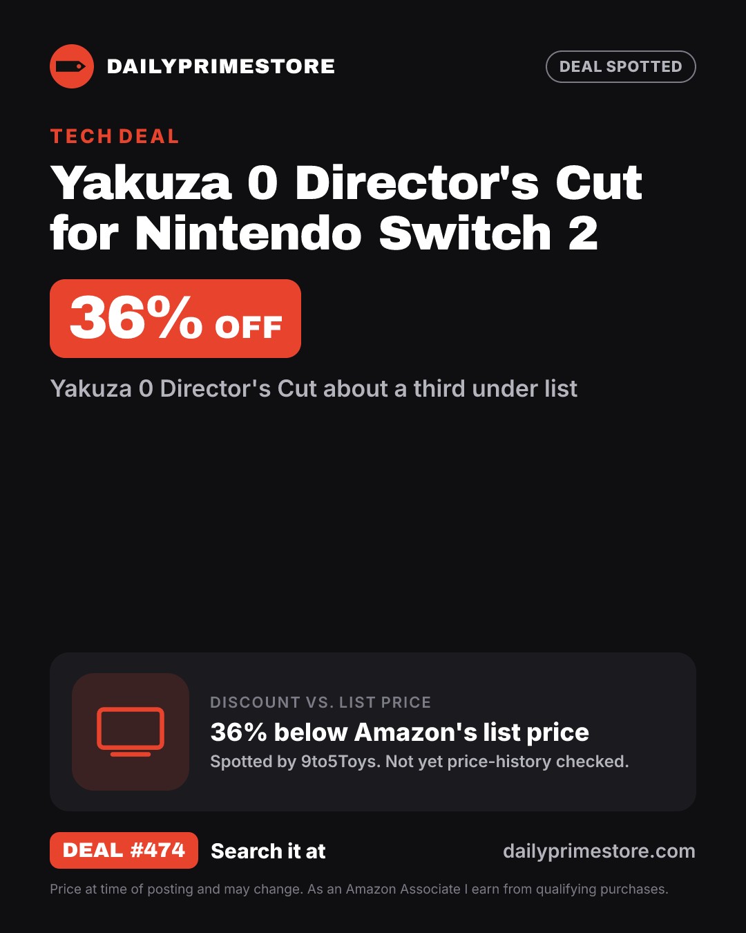 36% off: Yakuza 0 Director's Cut for Nintendo Switch 2